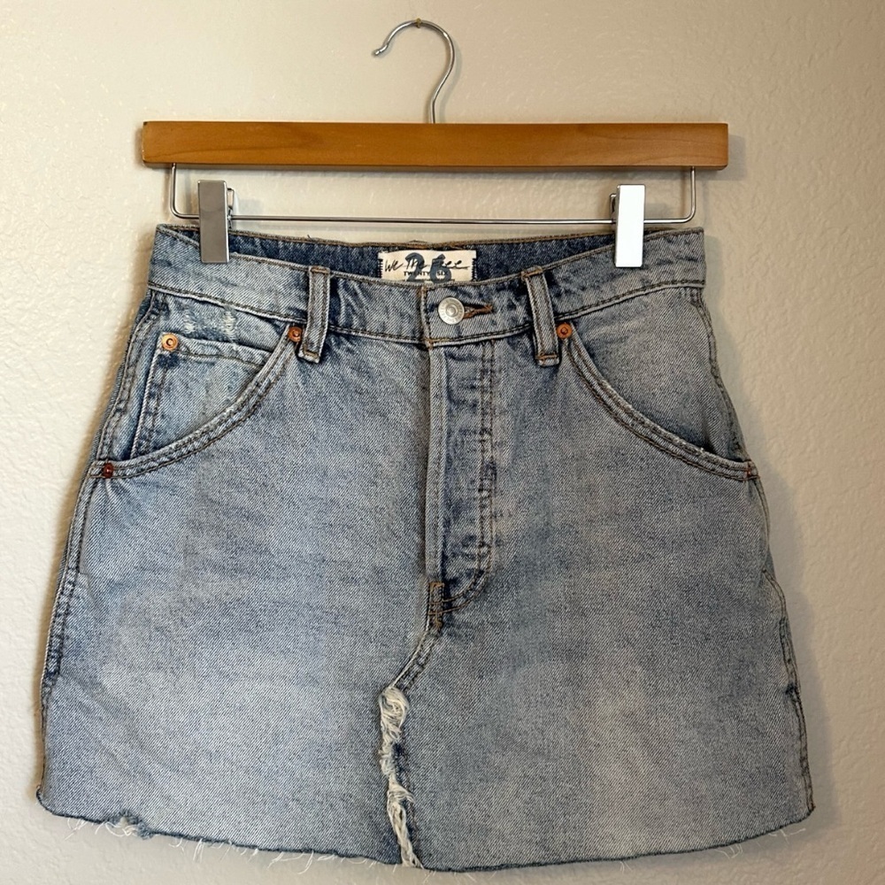 Free People Brea Denim Mini Skirt Raw Hem Distressed Button Fly 26